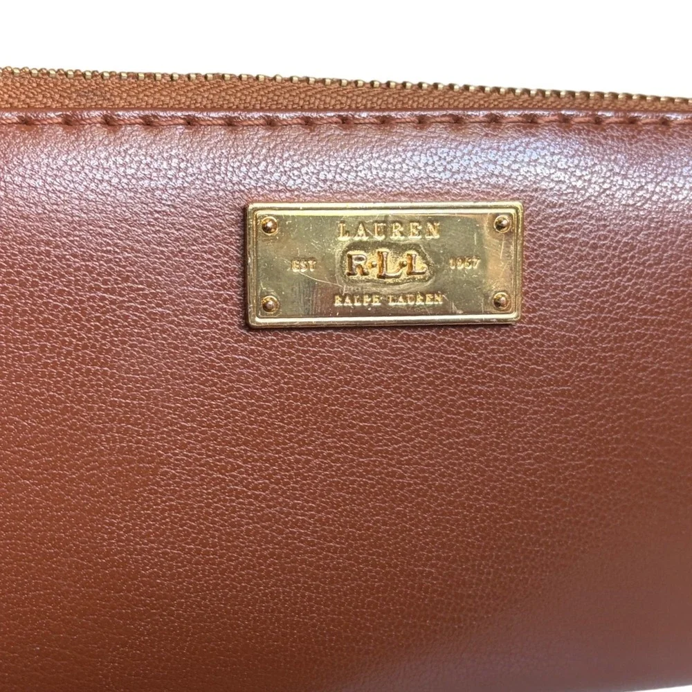 Lauren Ralph Lauren Brown Leather Zip Around Wallet Gold Logo Plaque Cognac